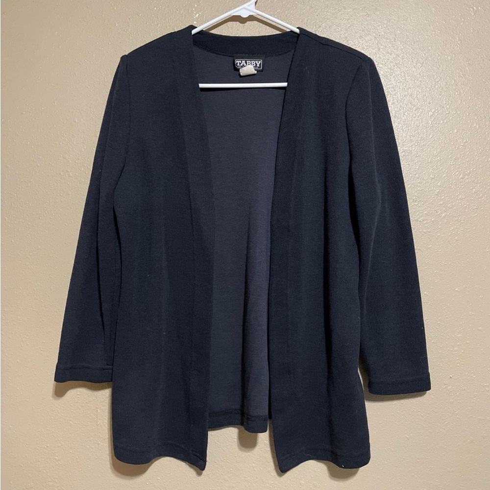 Vintage USA Made Tabby Navy Blue Open Front Cardigan Sweater Women’s 12 w/ Pads